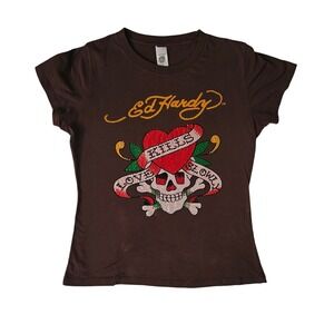 Y2k Ed Hardy Shirt Women M Brown Love Kills‎ Rhinestone Skull Grunge Skater